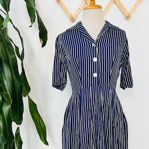 Vintage dress, blue, striped, fit and flare