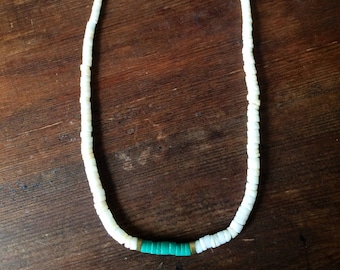 Vintage boho necklace, beaded, white, shell, turquoise Mexican