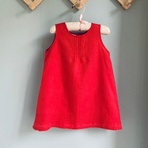 Girls vintage dress, red linen, buttons, pleats