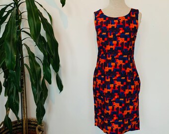 Vintage dress, 1960s,  graphic print, midi length, sleeveless