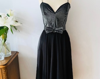 Vintage black dress, cocktail, party, silver metallic, formal