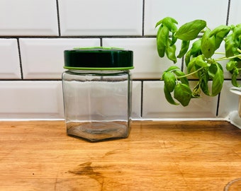 Vintage glass jar, lidded, green, kitchen storage