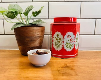 Vintage metal tin / lidded jar / canister / container, red, floral