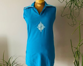 Vintage ladies tank top, sleeveless shirt, blue, hippy