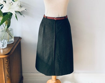 Vintage wool skirt, belted, preppy, green pink