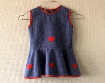 Girls vintage dress in blue cotton with hearts