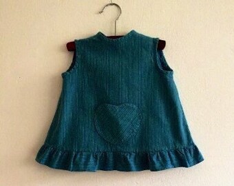 Vintage baby girl top / dress / tunic, blue cotton, heart pocket