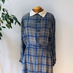 Vintage silk dress, plaid, blue gray, preppy, library chic