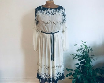 Vintage 1970s dress, sheer, floral print, belted, pleated