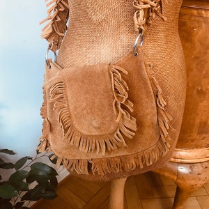 Vintage suede purse / bag, brown, leather, fringe, 1960s, boho, hippie