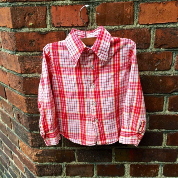 Boys vintage shirt, red plaid, long sleeve, butto… - image 1