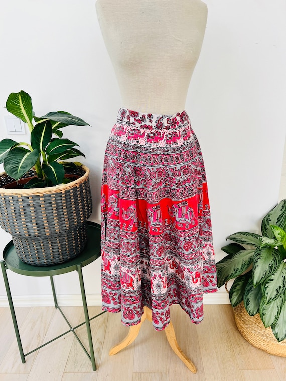 Vintage hippie skirt, boho, cotton,  elephants, In