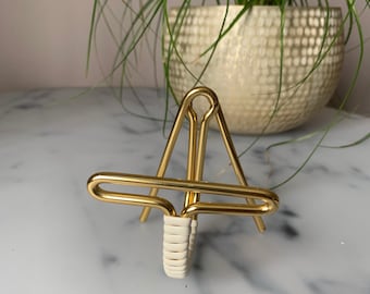 Vintage metal hook, gold white hanger