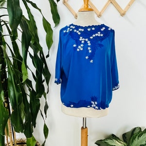 Vintage blue blouse, chinoiserie, white flowers