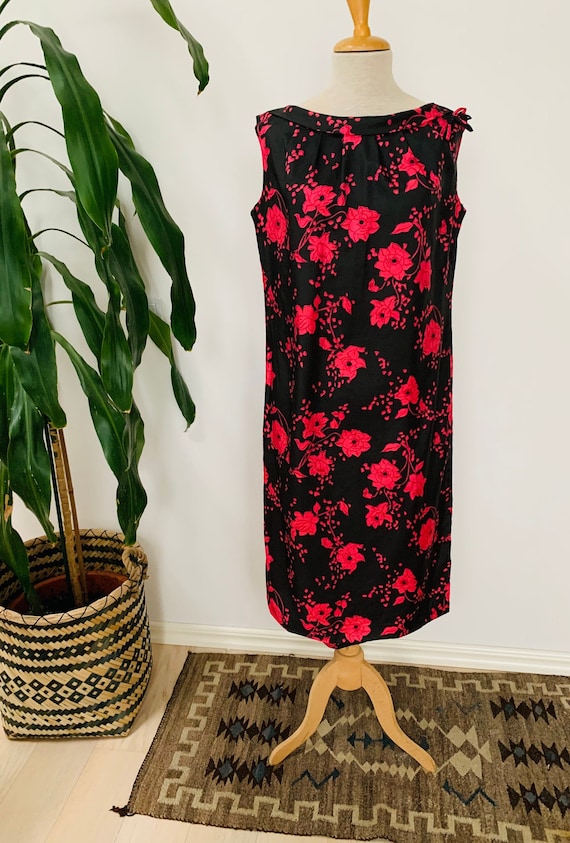 Vintage floral dress, 1960s, pink black print, sle