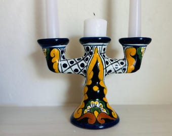 Mexican Candelabra, Colorful Folk Art 3-Candle Holder - Retro Boho Home Decor, Folksy Nature Motifs
