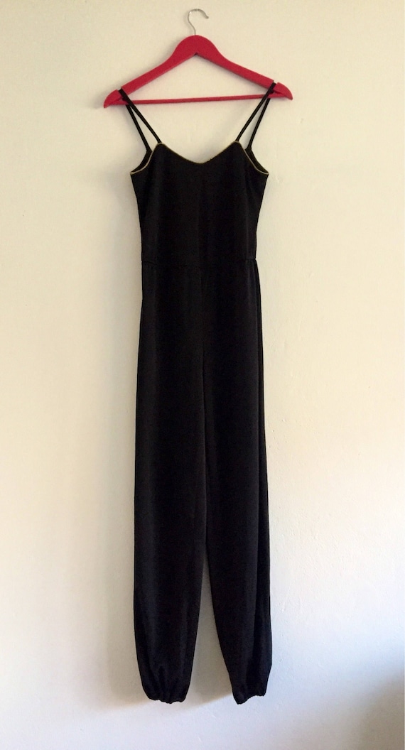 Vintage black jumpsuit, 1970s, sleeveless, gold t… - image 1