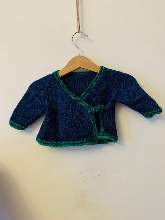 Unisex baby sweater, hand knit, blue and green