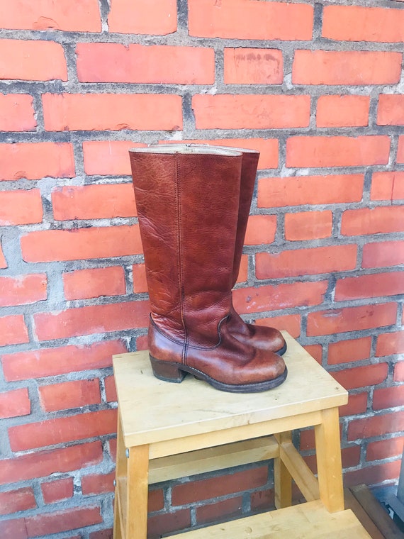 Vintage boots, brown leather, boho, womens riding 