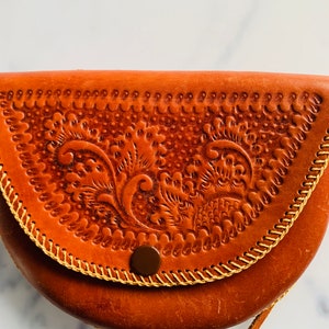Vintage boho purse, small, brown, tooled leather