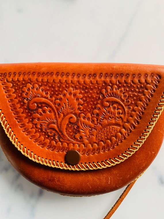 Vintage boho purse, small, brown, tooled leather