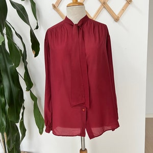 Vintage sheer blouse, pussycat bow, burgundy maroon, size large