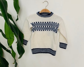 Childs vintage sweater, hand knit, blue and white