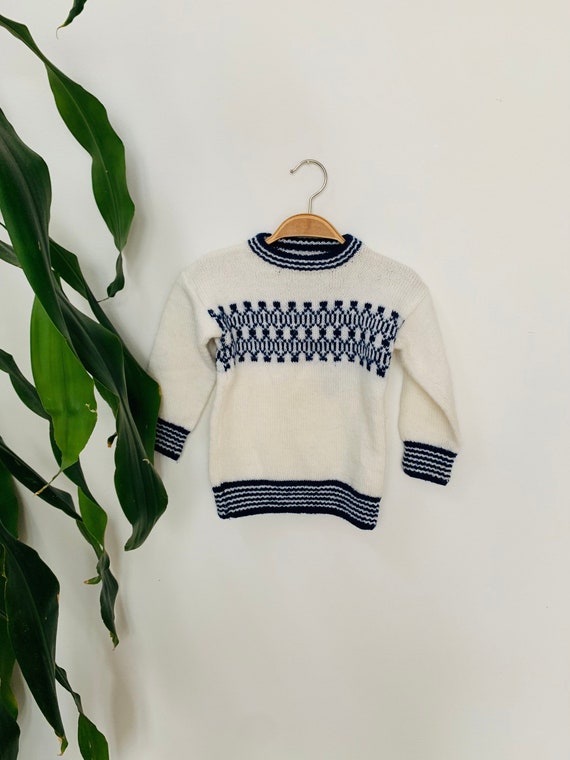 Childs vintage sweater, hand knit, blue and white