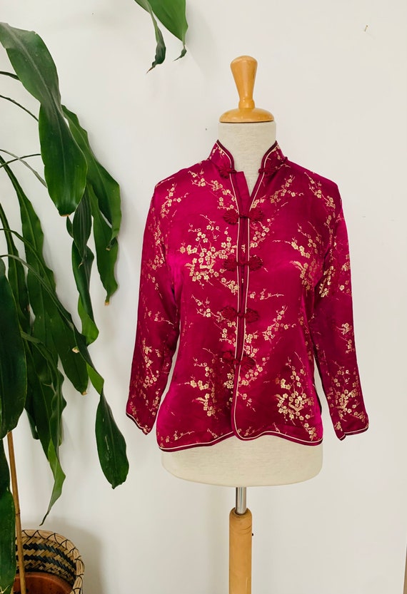 Vintage chinoiserie blouse, pink / purple silk, bo