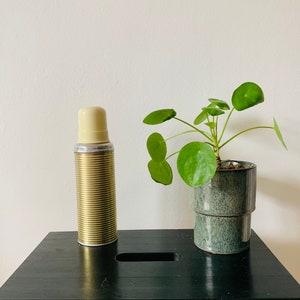 Vintage anodized thermos, gold aluminum metal vacuum flask