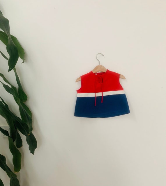Baby girls vintage top, red blue, sleeveless