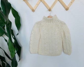 Vintage kids sweater, boho, hand knit, white