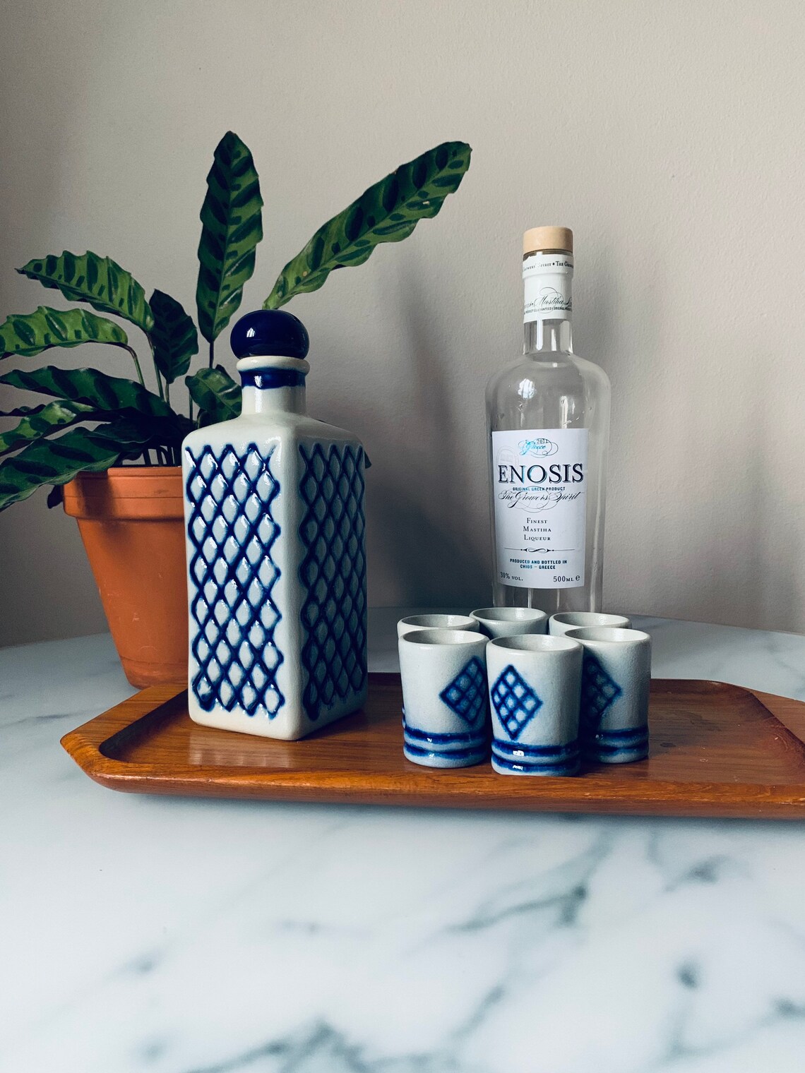 Vintage Decanter Shot Glasses Blue White Ceramic Etsy