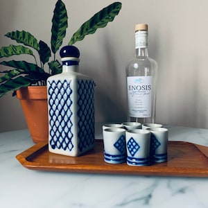 Vintage decanter shot glasses, blue white, ceramic