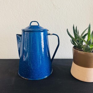 Vintage metal kettle, blue white speckled, enamelware
