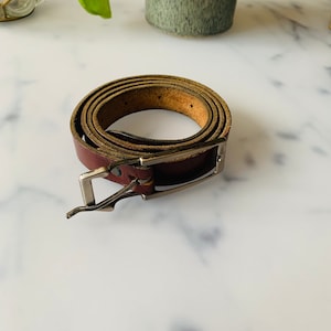 Vintage leather belt, skinny brown, silver metal buckle, boho