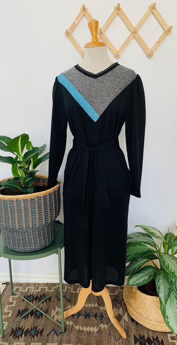 Ladies vintage dress, black turquoise silver, meta