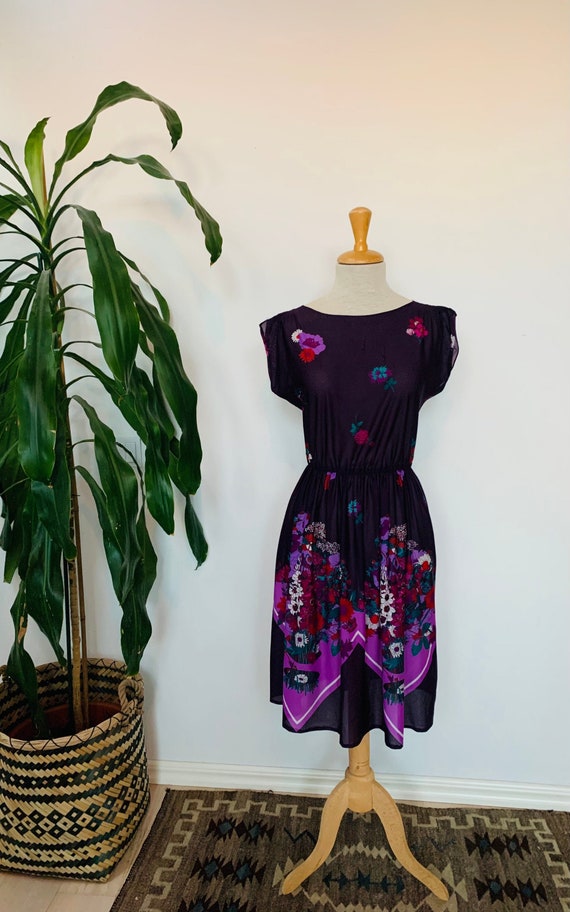 Vintage ladies dress, sheer purple floral print, … - image 1