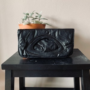 Vintage leather purse from the 1980s in black patchwork leather