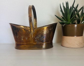 Vintage Brass Basket, Midcentury Boho Plant Holder | Patina, 10.5x5.5 Top - 8.25x4.75 Bottom