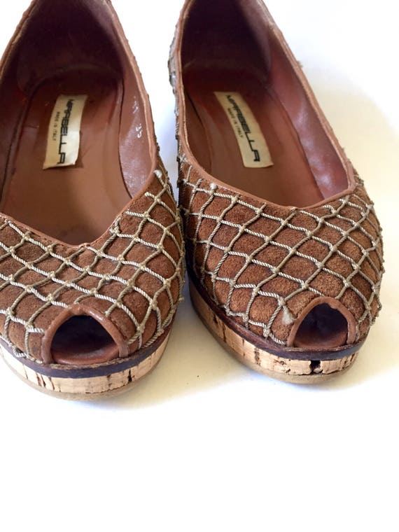 Ladies vintage shoes, brown suede leather, peep t… - image 3