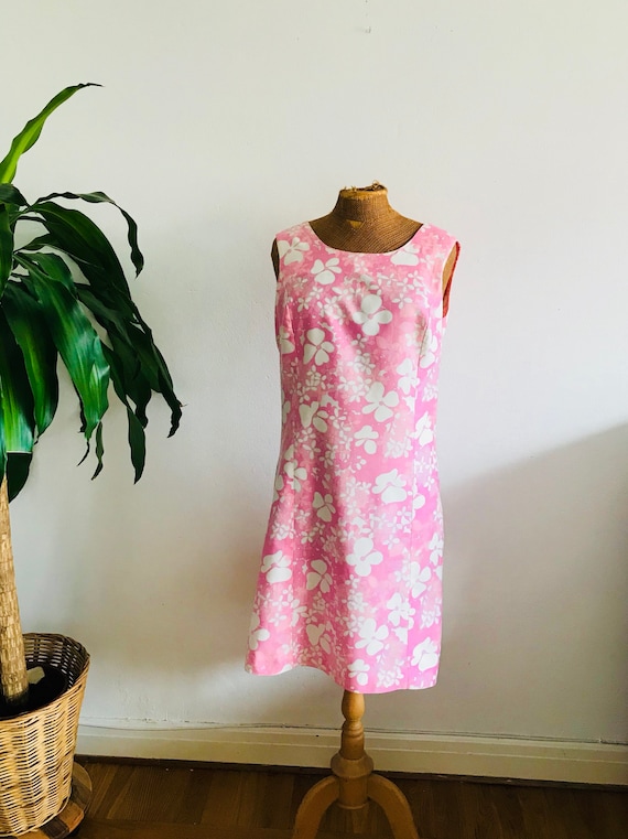 Vintage floral dress, pink white, sleeveless
