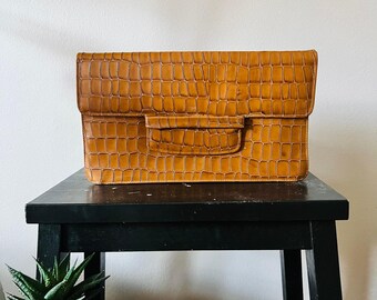 Vegan Leather Clutch, Midcentury Alligator Texture, Brown, Rose Gold Lined | 12 x 7.25 In, Snap Closure