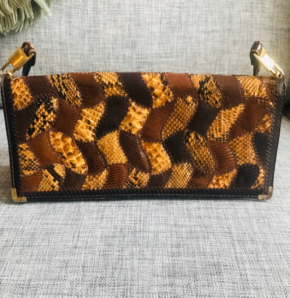 Vintage 1970s purse, brown patchwork snakeskin le… - image 4