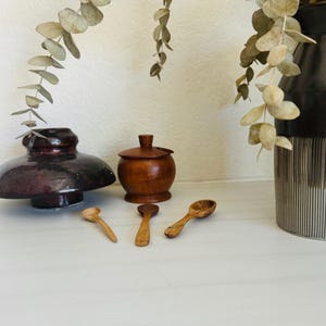 May include: Four wooden spoons and a small wooden container with a lid, all on a white surface. Dried eucalyptus branches hang in the background.
