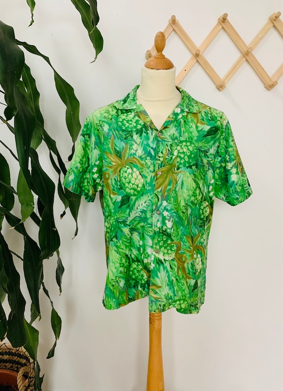 Vintage mens shirt, Hawaiian, green, tropical prin