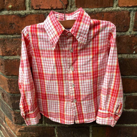 Boys vintage shirt, red plaid, long sleeve, butto… - image 2