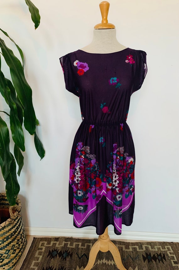 Vintage ladies dress, sheer purple floral print, … - image 2