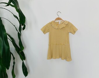 Vintage girls dress, yellow white stripes, short sleeve