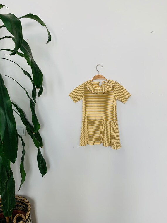 Vintage girls dress, yellow white stripes, short s